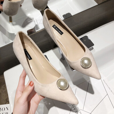 

High heels women follow Xia Baiqi temperament sexy pointed pearl shallow mouth work single shoe tide