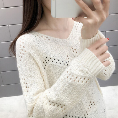 

Gobestart Women Casual Knitting V-Neck Tops Long Sleeve Bottoming Hollowed Out Sweater