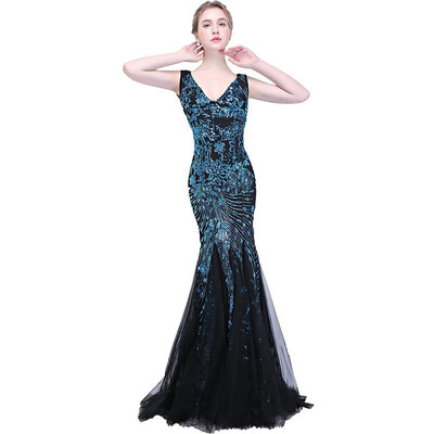 

Robe De Soiree Long Elegant Evening Dresses 2018 New Sexy V-neck Luxury Sequins Vintage Mermaid Noble Banquet Party Prom Dress