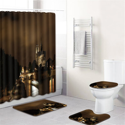 

Gobestart Waterproof Bathroom Shower Curtain Set Non-Slip Rug Toilet Lid Cover Bath Mat