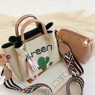 

Summer new small fresh wide shoulder strap contracted Mori Harajuku linen embroidered cactus mother-daughter bag