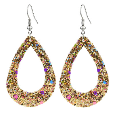 

Fashion Sequined Faux Leather Hollow Water Drop Pendant Women Hook Earrings