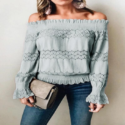 

Solid Eyelets Pleated Shirr Off-the-Shoulder Long Sleeves Blouse