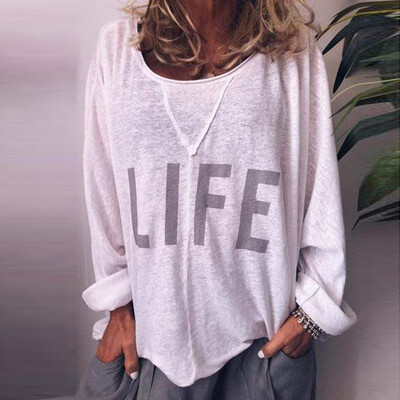 

Roseonmyhand Women Casual Long Sleeveless Printed Letters Round Neck Top Blouse