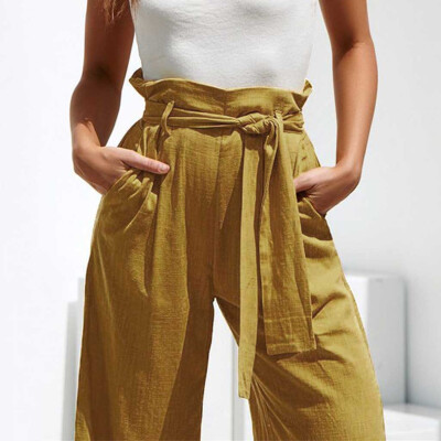 

Tailored Women Solid Casual Belt High Waisted Loose Wide Leg Pants Yoga Long Trousers