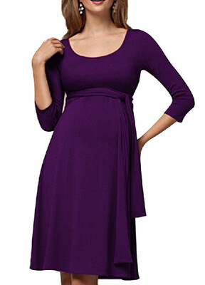 

Mommys Round Neck Pure Color Covenient Lactation Dress
