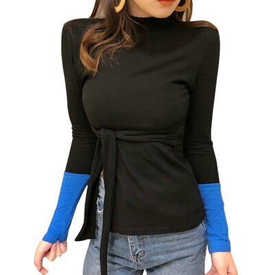 

Korean Summer T shirt Woman Spring Turtleneck Lace Up Slit Knitted T-Shirt Color Block Long Sleeve Slim Tshirt Women harajuku