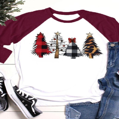 

Raglan Long Sleeves Christmas Trees Pattern Printed Tee