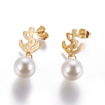 

304 Stainless Steel Dangle Stud Earrings with Plastic Imitation Pearl Anchor Golden 285mm Pin 08mm