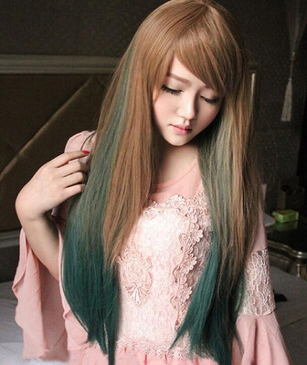 

Fashion wig female long straight hair linen gradient peacock green fake headgear