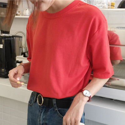 

Solid Color loose Casual Female Shirt College Wind O-neck Short-Sleeved T-Shirt Female