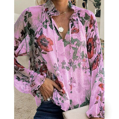 

Tailored Women Casual V-Neck Long Flare Sleeve Printed Chiffon Loose Pullover Top Blouse