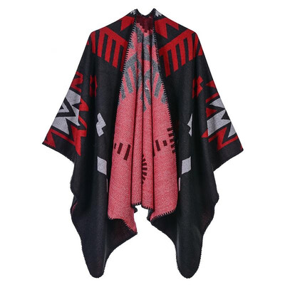 

Vintage Women Knitted Shawl Poncho Faux Cashmere Geometric Open Front Autumn Winter Warm Cape