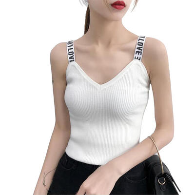 

Solid Color Letter Strap Tank Tops Women V-neck Knit Sleeveless T-shirts