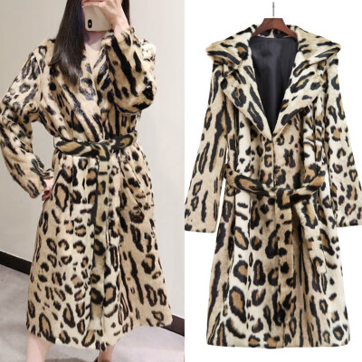 

Toponeto Women Fashion Leopard Print Long Sleeve With Belt Long Wool Pellet Coat