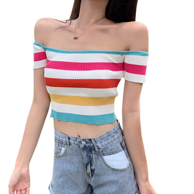 

Gril Korean Crop Tops Cotton Rainbow Printed Short Sleeve Tee Sexy Slash Collar T Shirts Kawaii Loose Streetwear