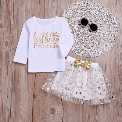 

Kid Girls Birthday Letter Dot Print Bowknot Tops T-shirtTutu Skirt Set Clothes