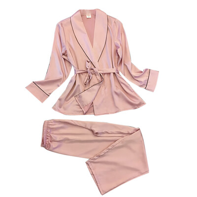 

Toponeto New Women Silk-Like Pajamas Lapel Leisure Silk Household Clothing Sexy Nightgown