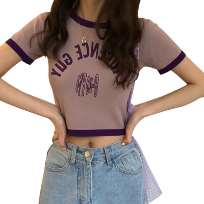 

Korean Style Letter Print Sexy Slim Womens Tees Casual Short-sleeved Knit Tops