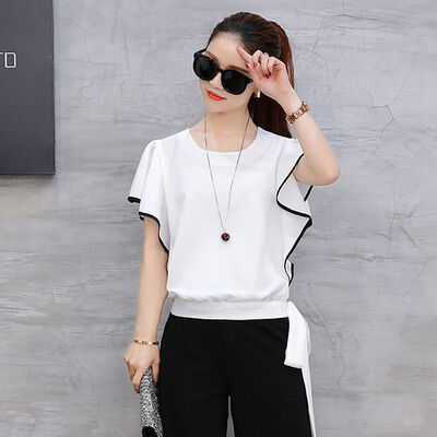 

Women Summer tee shirt tshirt outwear Loose Simple Solid Color t-Shirt Casual Seven Points Wide-Leg Pants Two-Piece