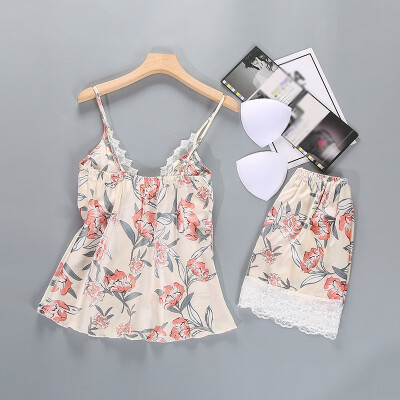 

Women Faux Silk Sleepwear Nightwear Ladies Floral 2Pcs Tops Shorts Pyjamas Set