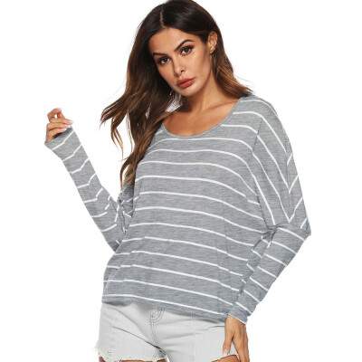 

Batwing Sleeve Polyester Simple T-Shirt Striped Print Long Loose Women Casual O Neck T Shirt Femme Top