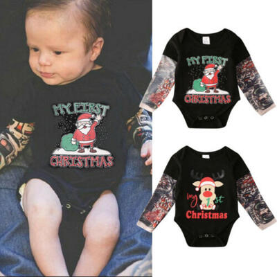 

US My First Christmas Infant Baby Boy Tattoo Sleeve Romper Bodysuit Xmas Clothes