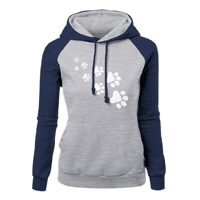 

Casual Women Dog Paw Print Hoodies Color Block Long Sleeve Hooded Sweatshirt