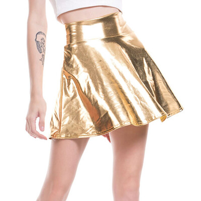 

Womens Shiny Metallic Wet Look Latex Skater Flared Short Pleated Mini Skirt