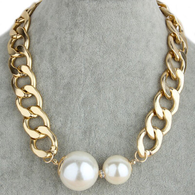 

Womens Fashion Big Faux Pearls Curb Chain Choker Collar Statement Necklace