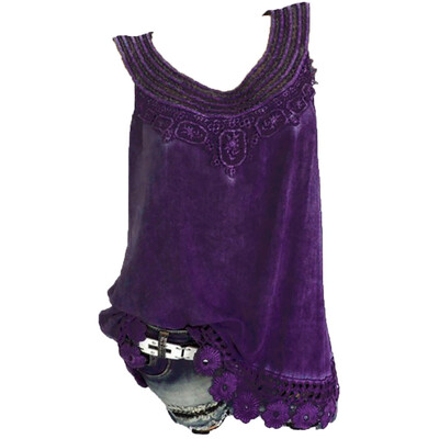 

Nomeni Women O-Neck Sleeveless Pure color Lace Plus Size Vest Tops Loose T-Shirt Blouse