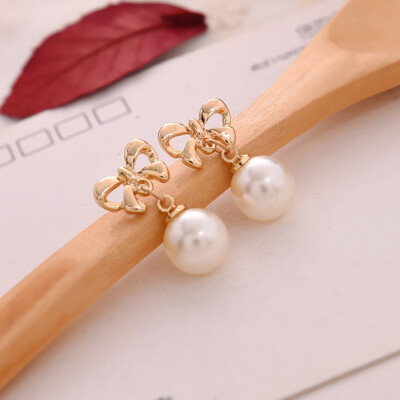 

Fashion New Cute Bow Gold COLOR Hanging Initation Pearl Earrings Jewelry Gifts