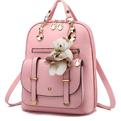 

Lovely Girls Leather School Backpack Women Shoulder Bag Travel Satchel Handbag Back To School Gift Random Style Bear Pendant