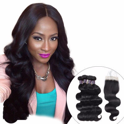 

4 Bundles With Closure Baby Hair Brazilian Body Wave Human Hair Bundles With Lace Closure Free Part Non Remy Hair