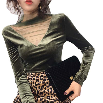 

Women Sexy V Neck T Shirt Mesh Stitching Long Sleeve T-Shirt Korean Style Solid Top
