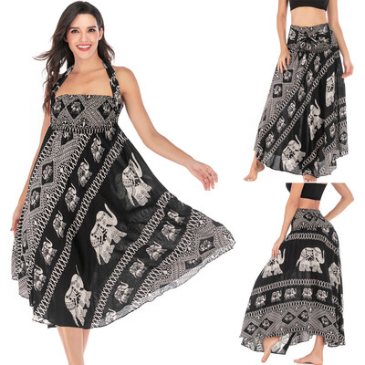 

Roseonmyhand Women Long Hippie Bohemian Gypsy Boho Flowers Elastic Waist Floral Halter Skirt
