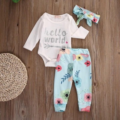 

3Pcs Newborn Baby Girl Long Sleeve RompersPantsHeadband Outfits Clothes Set