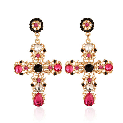 

New Baroque Style Crystal Luxury Gold Cross Large Long Dangle Earrings Women