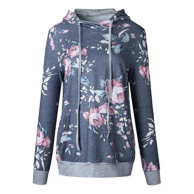 

Women Drawstring Hoodies Floral Print Hooded Tops Slim Fit Sweatshirt