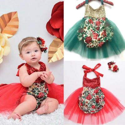 

US Toddler Baby Girl Xmas Christmas Romper Dress Bodysuit Floral Outfit Clothes