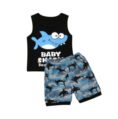 

Summer Toddler Kids Boy Clothes Carton Shark Top Vest Shorts Sunsuit Outfits Set