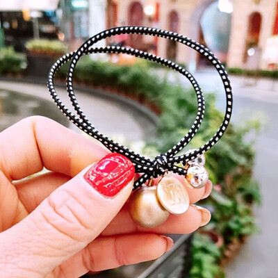 

Women Black And White Striped Gold Beads Hair Ring Bean Simple High Elastic Hair Rope
