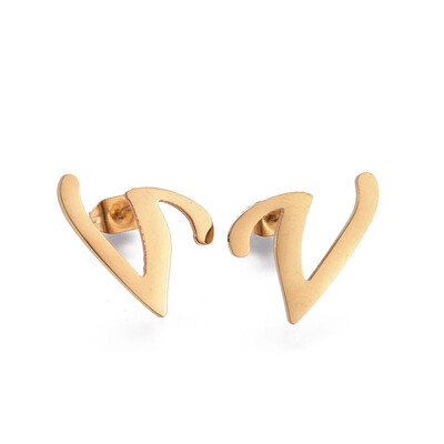 

304 Stainless Steel Stud Earrings Alphabet LetterV 15x13x1mm Pin 07mm