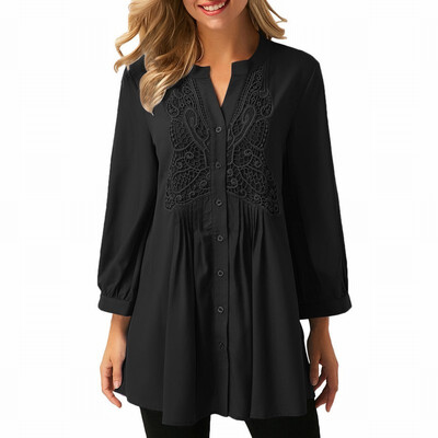 

Solid color V-neck single-breasted long-sleeved printed medium-length shirt-style casual top