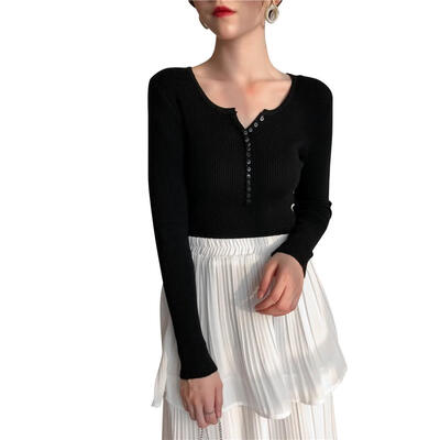 

Korean Single-Breasted V Collar Slim Fit Knit Basic Sweater Women Tops