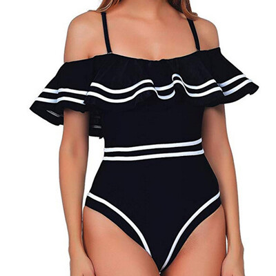 

Roseonmyhand Women 1 Piece Vintage Navy Ruched Flounce Off Shoulder Swimwear