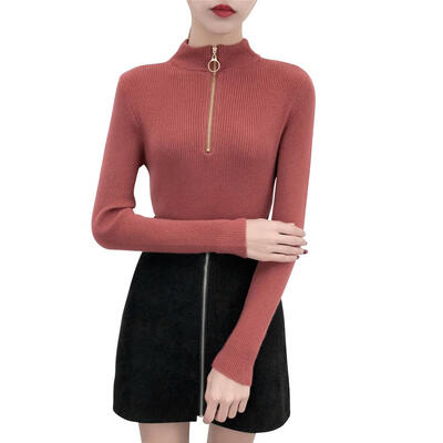

Chic Stand Collar Zipper Basic Sweater Fashion Korean Slim Fit Sweater