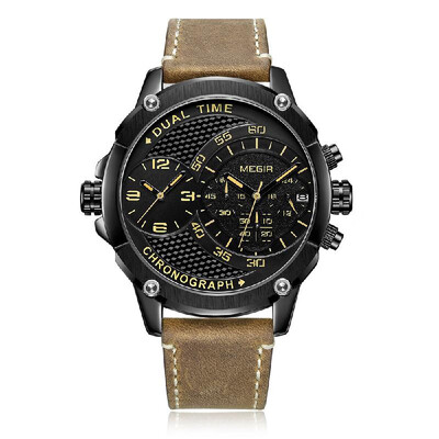 

MEGIR 2093G Man Watch Quartz Sport Dual Time Zone Leather Watch Digital Analog Waterproof Wrist Watch with Gift Box