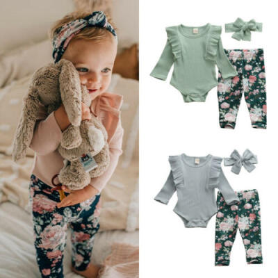 

US Newborn Baby Girl Clothes Ruffle Romper Tops Floral Pants Headband Outfit Set