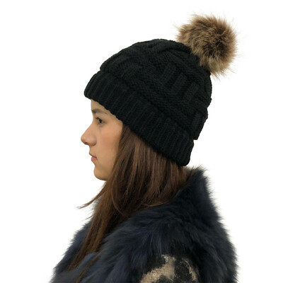 

Tailored Women Stitching Outdoor Faux Fur Ball Hats Crochet Knit Holey Beanie Cap